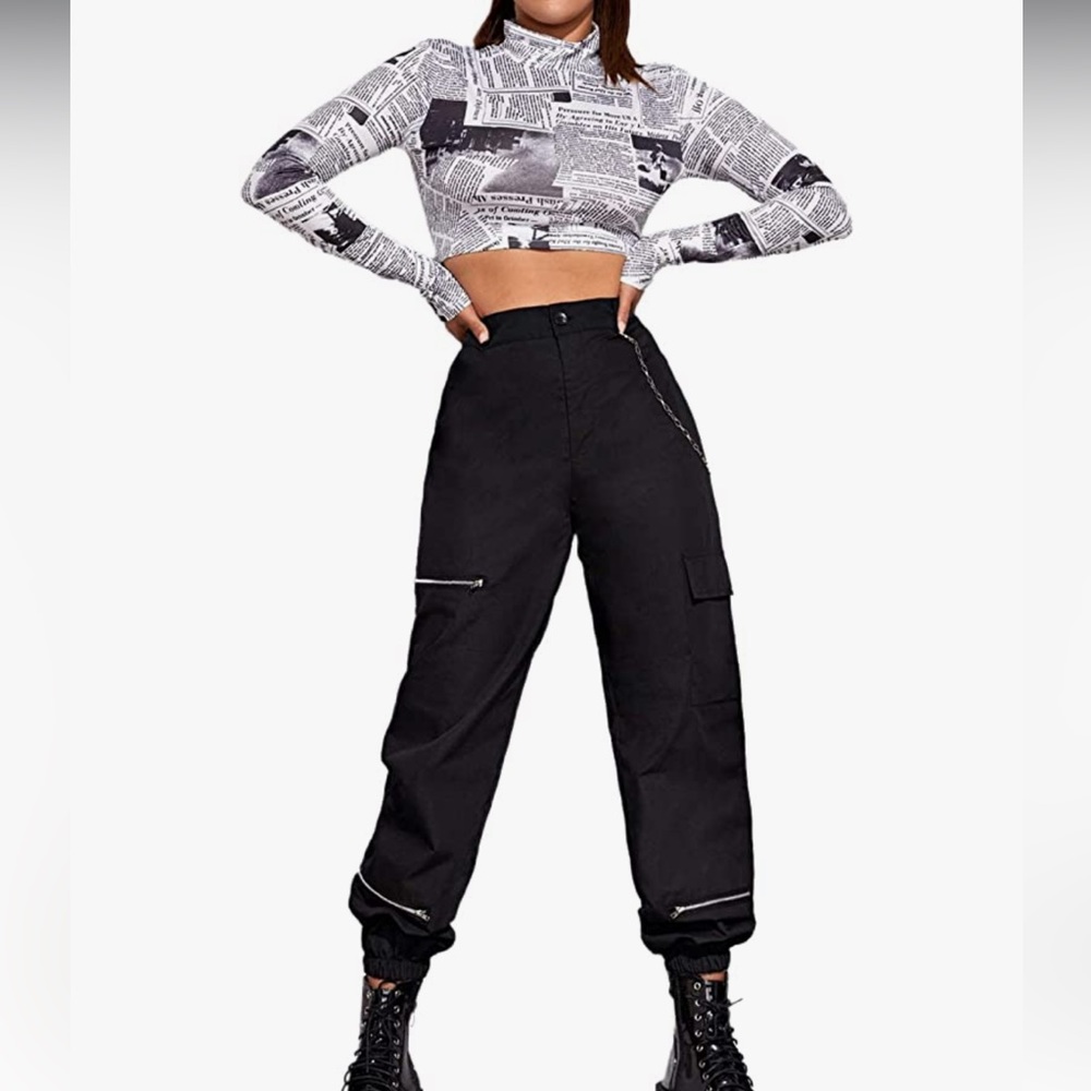 Black cargo pants with silver chain and zipper detail, size L.